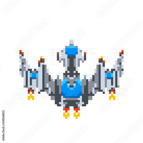 Powerful spaceship, game hero in pixel art style on white