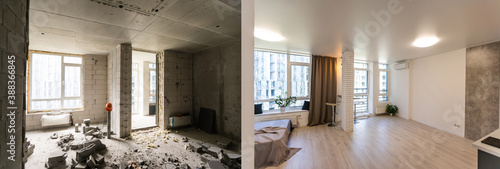 renovation concept -kitchen room before and after refurbishment or restoration photo