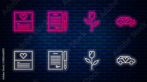 Set line Marriage contract, Flower rose, Greeting card and Limousine. Glowing neon icon on brick wall. Vector.