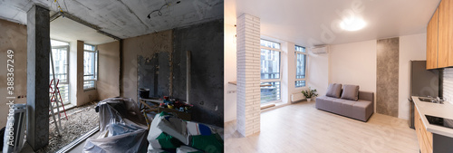 Fotografie Empty rooms with large window, heating radiators before and after restoration