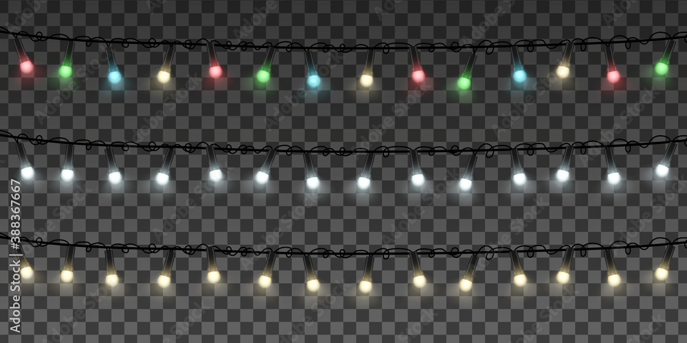 Xmas decoration. Christmas garlands, yellow, white, red, blue, green lamps. Vector realistic light effect. EPS 10