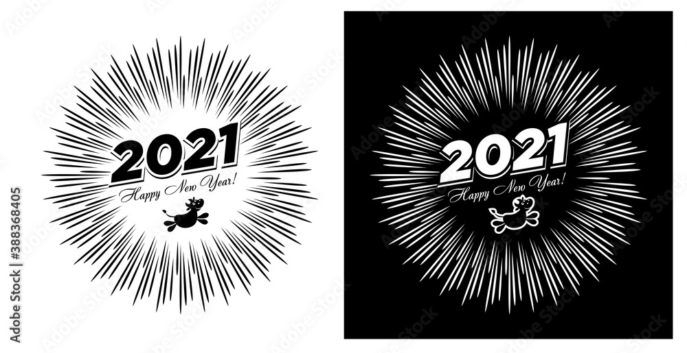 Fototapeta premium 2021 greeting card with funny ox and the inscription Happy New Year! against the background of festive fireworks. Vector on transparent and black background