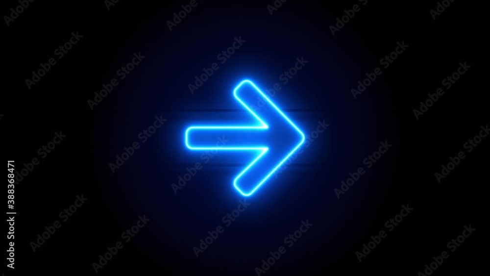 Arrow Right neon sign appear in center and disappear after some time. Animated blue neon alphabet symbol on black background. Looped animation. Arrow Right neon sign appear in center and disappear after some time. Animated blue neon alphabet symbol on black background. Looped animation.