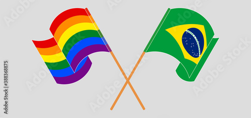 Crossed and waving flags of Brazil and LGBTQ