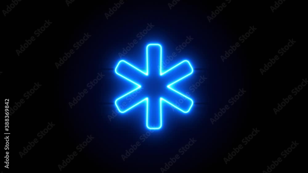 Asterisk neon sign appear in center and disappear after some time. Animated blue neon alphabet symbol on black background. Looped animation. Asterisk neon sign appear in center and disappear after some time. Animated blue neon alphabet symbol on black background. Looped animation.