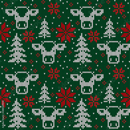 Knitted Christmas and New Year pattern in cow. Wool Knitting Sweater Design. Wallpaper wrapping paper textile print. Eps 10