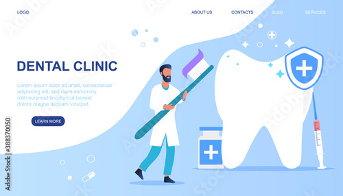 Dental clinic and health care abstract concept. Tiny dentist cleaning giant tooth. Flat cartoon vector illustration. Website web page or landing page template