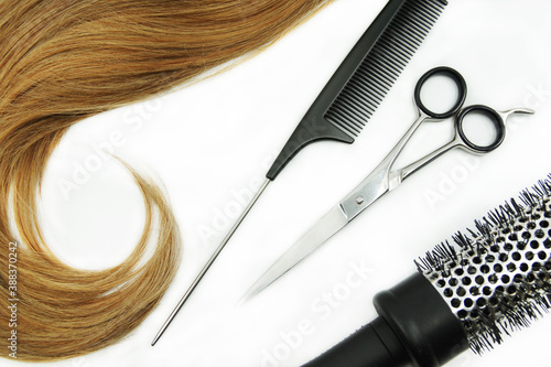 Curl of hair and hairdresser set isolated on white background - scissor and comb. Beauty concept.