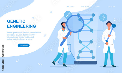 Genetic scientists editing DNA. Concept of genetic engineering. Flat cartoon vector illustration isolated on white background. Website webpage or landing page template