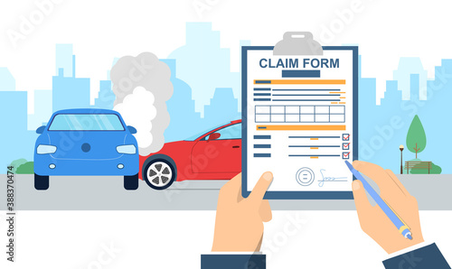 Insurance claim form. Car accident concept. Man fulfilling form on car crash background. Transport incident. Flat cartoon vector illustration. Two vehicle collided on the road.