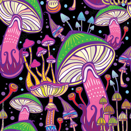 Seamless patterns with decorative mushrooms