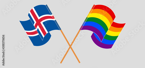 Crossed and waving flags of Iceland and LGBTQ