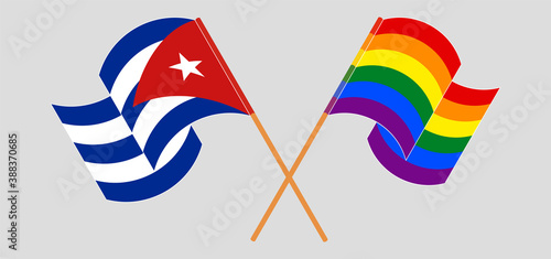 Crossed and waving flags of Cuba and LGBTQ