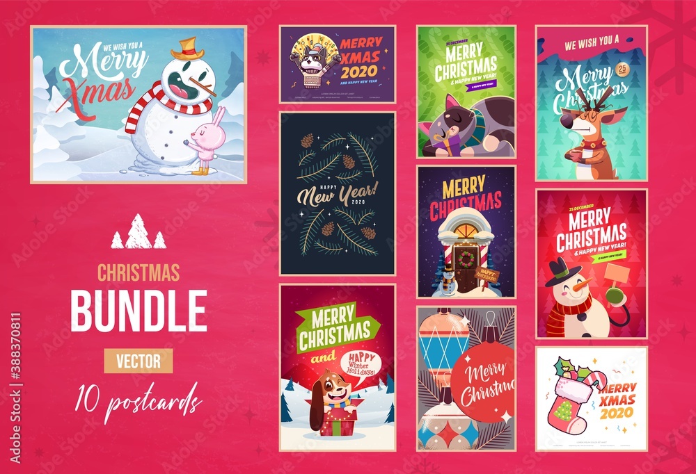 Set of Merry Christmas and Happy new Year greeting cards design with Christmas characters. Vector Set of Merry Christmas and Happy new Year greeting cards design with Christmas characters. Vector