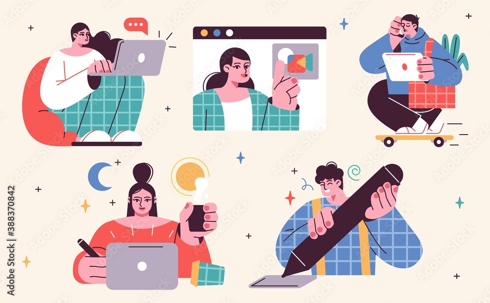 Set of illustrations about remote work and freelance. Freelancers at work and working distantly concept illustrations