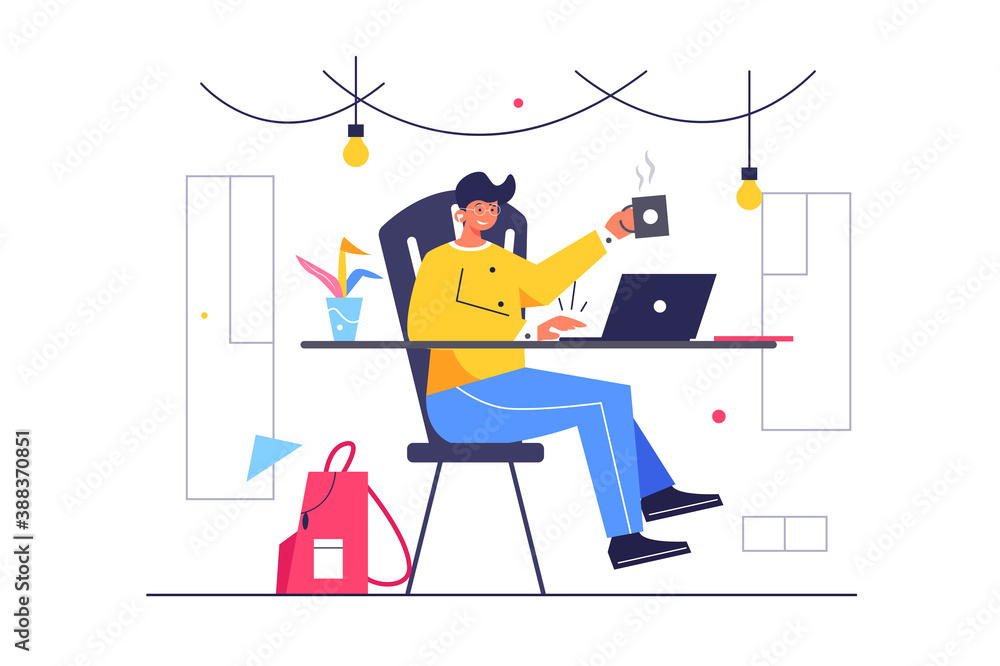 Guy sitting at table and working on laptop in cafe, cup of coffee isolated on white background, flat vector illustration Guy sitting at table and working on laptop in cafe, cup of coffee isolated on white background, flat vector illustration