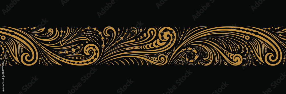 Vintage ornate seamless border pattern. Russian traditional folk style. Golden ornament of curls and spirals on black background