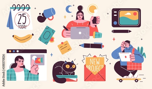 Set of illustrations about remote work and freelance. Freelancers at work and working distantly concept illustrations