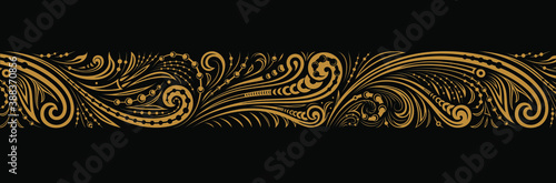Vintage ornate seamless border pattern. Russian traditional folk style. Golden ornament of curls and spirals on black background