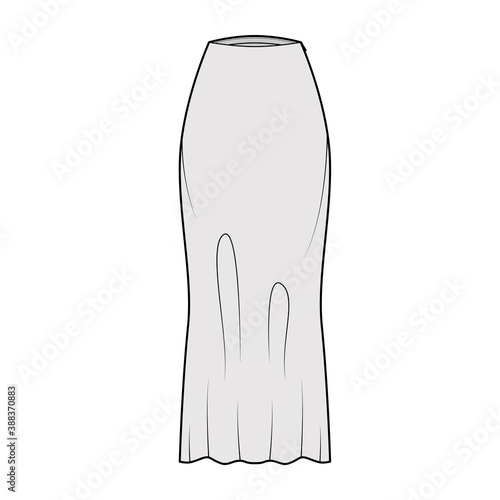 Skirt long bias cut technical fashion illustration with maxi lengths silhouette, semi-fitted fullness. Flat bottom template front, grey color style. Women, men, unisex CAD mockup
