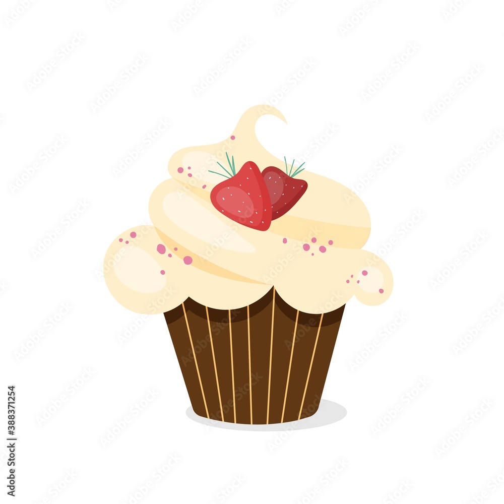 Cupcake with cream and strawberry. Vector illustration of cupcake icon on white background Cupcake with cream and strawberry. Vector illustration of cupcake icon on white background