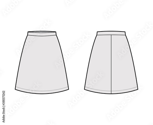Skirt A-line fullness technical fashion illustration with above-the-knee silhouette, thin waistband. Flat bottom template front, back, grey color style. Women, men, unisex CAD mockup