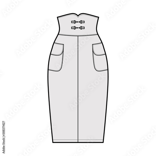 Skirt high waisted sheath technical fashion illustration with straight knee silhouette, pencil fullness, side pockets. Flat bottom template front, grey color style. Women, men, unisex CAD mockup