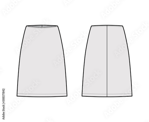 Skirt sheath technical fashion illustration with straight knee silhouette, pencil fullness. Flat bottom template front, back, grey color style. Women, men, unisex CAD mockup