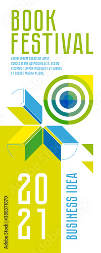 Book festival banner. Open books and target. Concept of the theme of successful business idea. Vector minimalist background. Design template for a library. Striving for success. Green, blue, yellow.