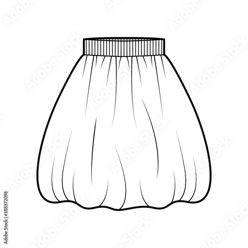 Skirt balloon technical fashion illustration with knee silhouette, semi-circular fullness, thick stretch waistband. Flat bottom template front, white color style. Women, men, unisex CAD mockup
