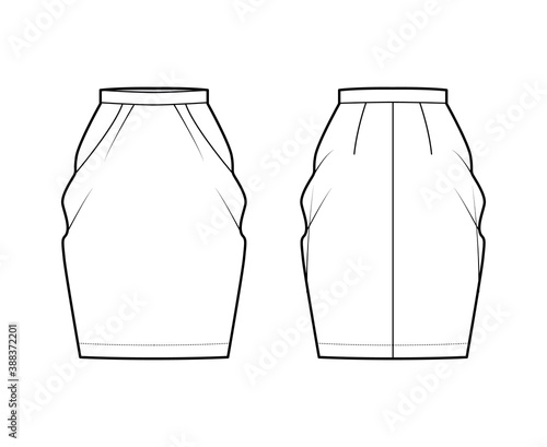 Skirt peg-top technical fashion illustration with straight knee silhouette, pencil fullness, thin waistband. Flat bottom template front, back, white color style. Women, men, unisex CAD mockup