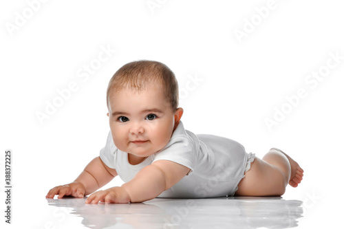 beautiful little baby, crawling isolated on white background