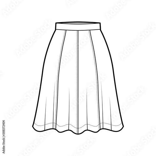 Skirt eight gore technical fashion illustration with below-the-knee silhouette, semi-circular fullness. Flat bottom template front, white color style. Women, men, unisex CAD mockup