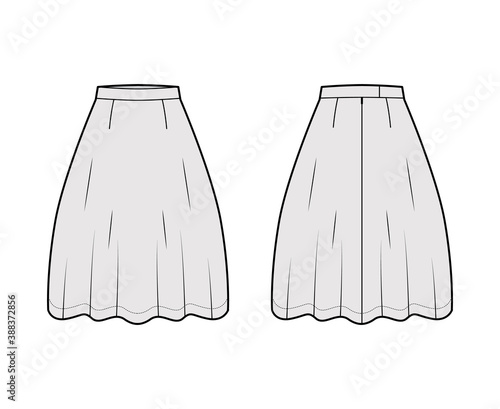 Skirt flared skater technical fashion illustration with below-the-knee silhouette, semi-circular fullness. Flat bottom template front, back, grey color style. Women, men, unisex CAD mockup