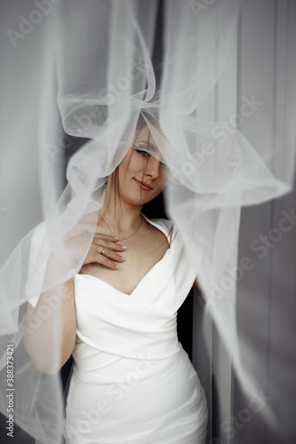 Beautiful bride of Caucasian appearance, portrait of a woman with a veil