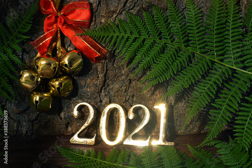 Golden numbers 2021 on the background of a tree trunk and a fern, bells with a red ribbon hang nearby photo