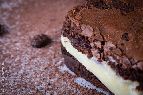 Chocolate brownie with milk powder delicious filling. Closeup photography. photo