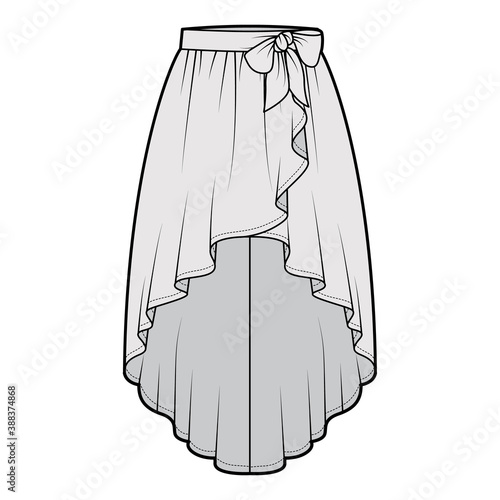 Skirt high low cascade wrap technical fashion illustration with semi-circular fullness, thick waistband. Flat bottom template front, grey color style. Women, men, unisex CAD mockup