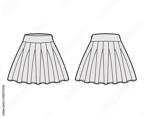 Skirt rah-rah Cheer technical fashion illustration with above-the-knee lengths silhouette, thick waistband. Flat bottom template front, back, grey color style. Women, men, unisex CAD mockup