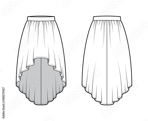 Skirt high low technical fashion illustration with knee-ancle silhouette, semi-circular fullness, thick waistband. Flat bottom template front, back, white color style. Women, men, unisex CAD mockup