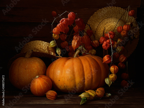 Pumpkins and physalis and straw hats.