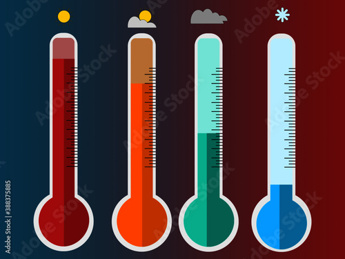 Illustration of thermometers in different temperatures, hot, warm, temperate and cold