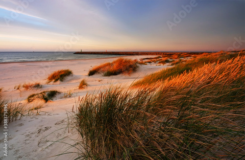Morze Bałtyckie ,zachód słońca,wydma,trawa,plaża,biały piasek,Kołobrzeg,Polska.