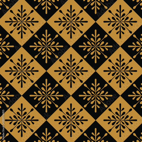 Seamless geometric pattern in folk style. Snowflake made of floral elements inside rhomb in checkerboard order. Gold and black