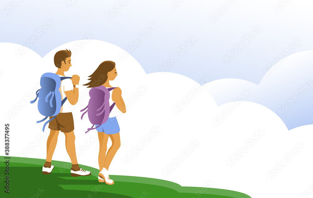 Young man and woman with backpacks on the top of the mountain. Summer landscape with clouds. Vector cartoon illustration.