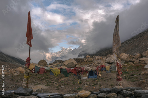 Gangotri is one of the main Hindu holy places of pilgrimage in the Himalayas. The trail from Gangotri to Gomukh runs between the mountain peaks. photo