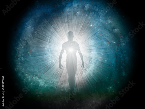 Fényképezés Figure emerges from the comos. 3D rendering