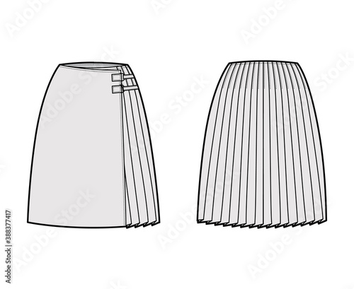 Skirt kilt wrap technical fashion illustration with straight knee silhouette, close with carabiner connector. Flat bottom template front, back, grey color style. Women, men, unisex CAD mockup
