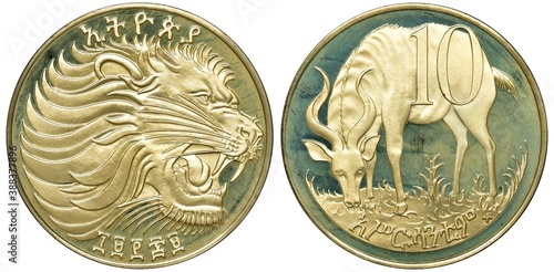 Ethiopia Ethiopian coin 10 ten cents EE1969, roaring lion head right, Mountain Nyala,  photo