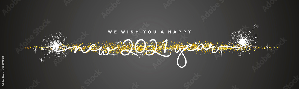 We wish you Happy New 2021 Year handwritten lettering tipography line design sparkle firework golden stardust white black background banner
